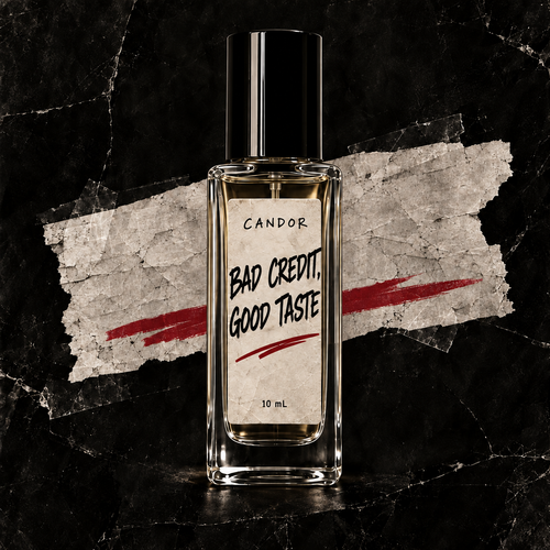 Generated product art for Candor Bad Credit, Good Taste 10 mL, with black cap and handwritten cream label.