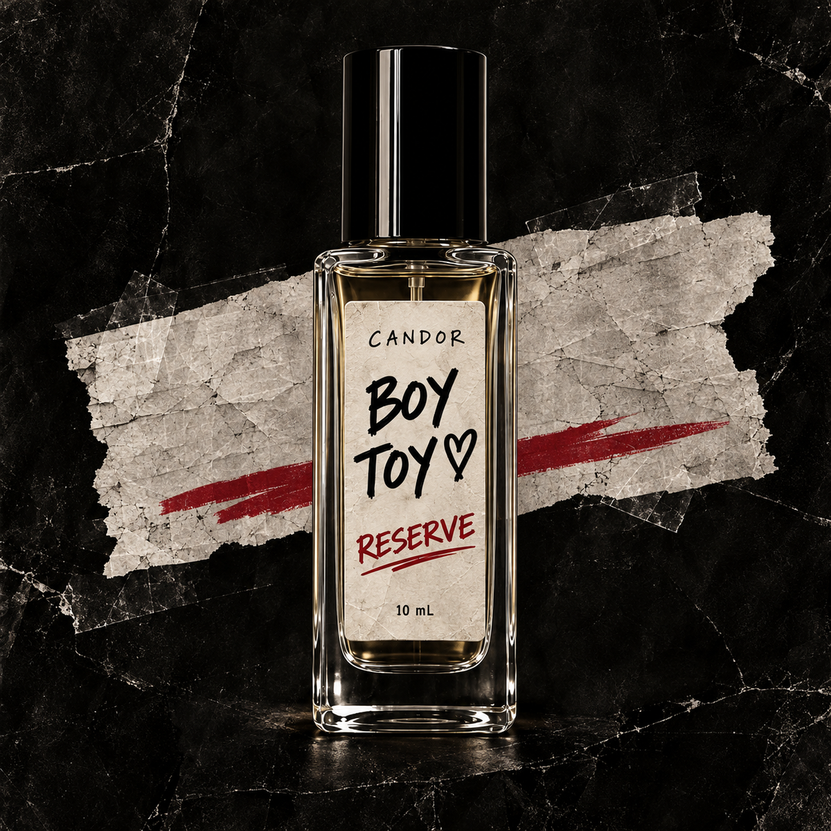 Generated product art for Candor Boy Toy Reserve 10 mL, with black cap and handwritten cream label.