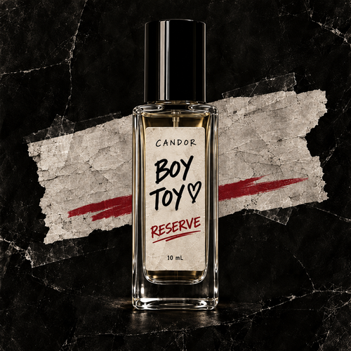 Generated product art for Candor Boy Toy Reserve 10 mL, with black cap and handwritten cream label.
