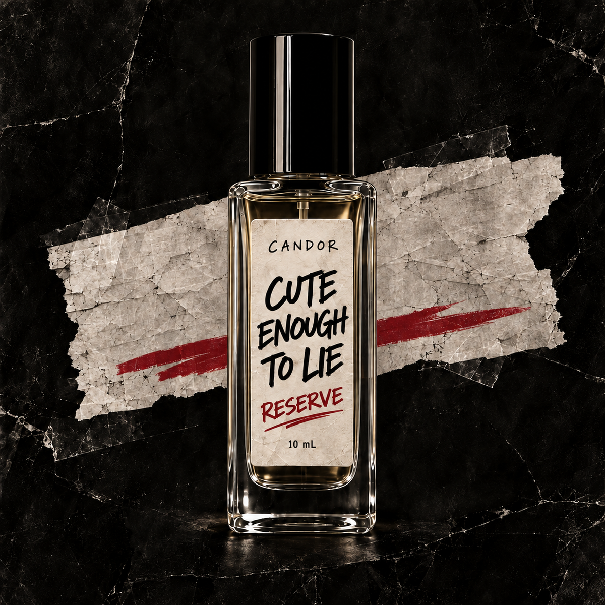 Generated product art for Candor Cute Enough to Lie Reserve 10 mL, with black cap and handwritten cream label.
