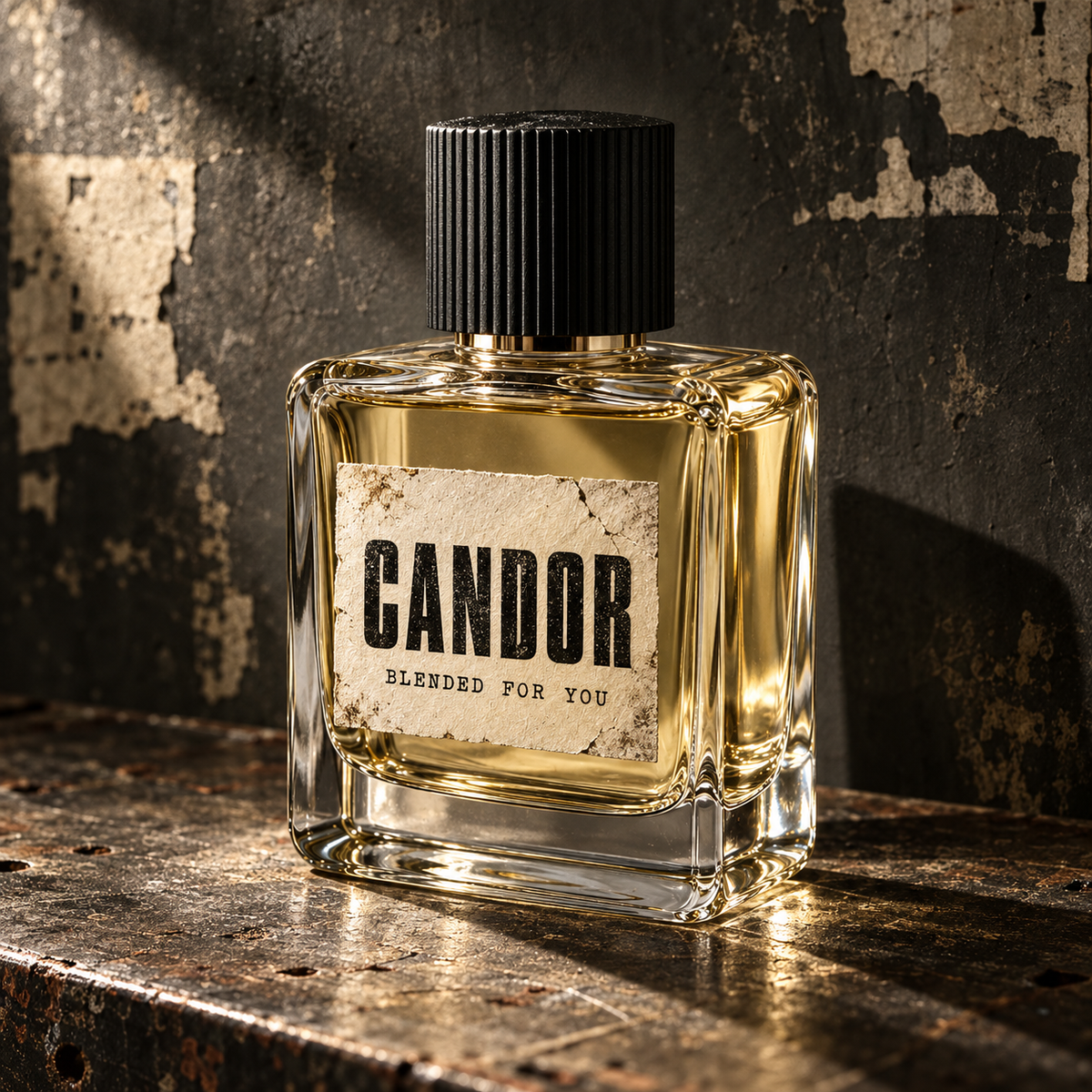 Amber Candor fragrance bottle against a worn charcoal backdrop.