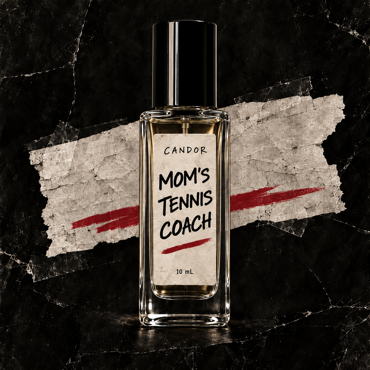 Generated product art for Candor Mom’s Tennis Coach 10 mL, with black cap and handwritten cream label.