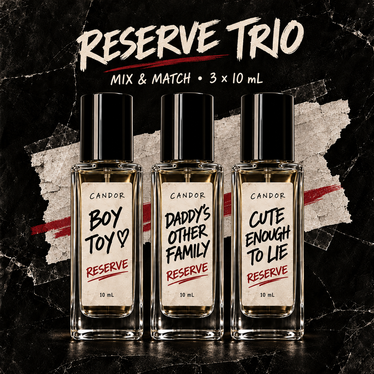 Generated product art for Candor Reserve Trio showing three 10 mL bottles; illustrative scent selection.